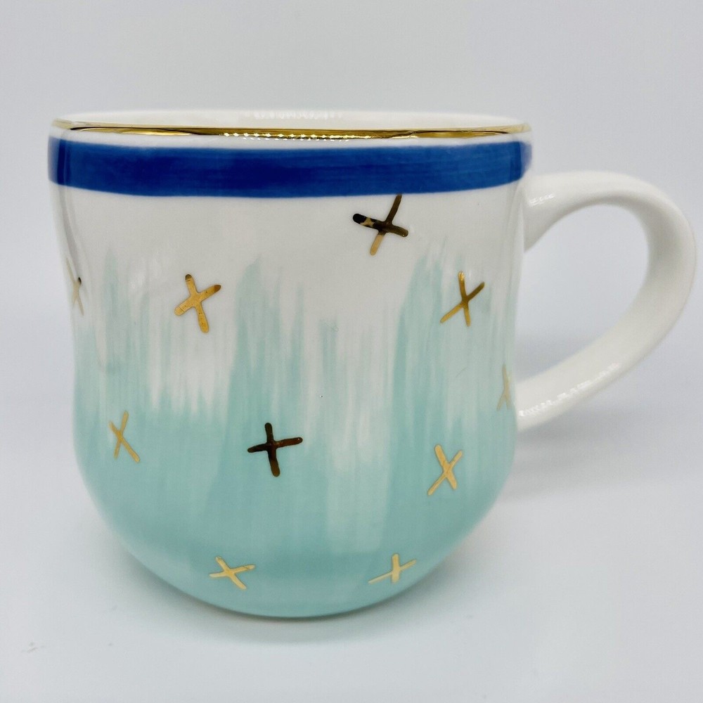 Pier 1 Imports Coffee Mug Tea Cup Aqua White Blue Gold Stars Abstract